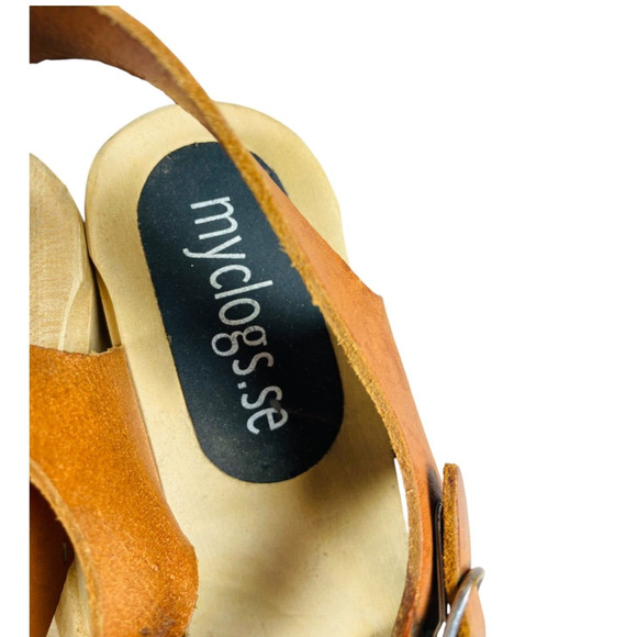 Myclogs.se Womens Sandals Maguba Leather Natural Tan Wooden Peep Toe Size 39 - Picture 5 of 9